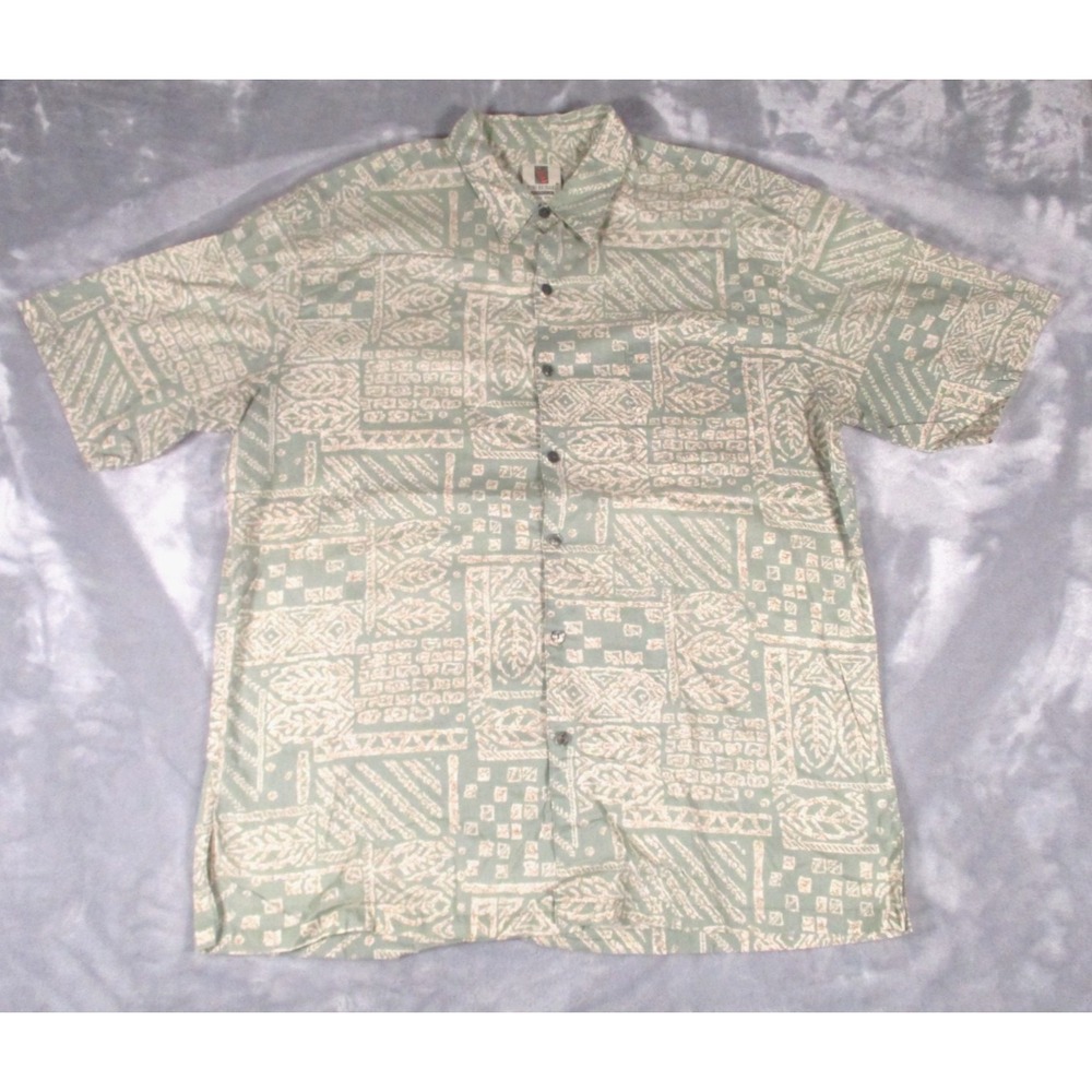 Vtg Tori Richard Hawaiian Shirt Mens XL Green & Cream Geometric Aloha USA Made